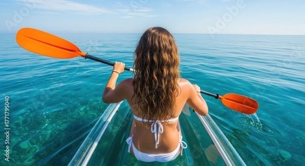 Fototapeta Woman in a Transparent Kayak on a Turquoise Ocean. High-Angle Shot of Kayaking Over a Coral Reef. Tropical Adventure in a Crystal Clear Kayak.