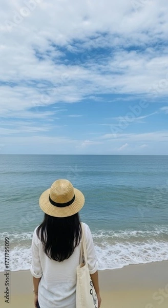 Fototapeta Woman with a Straw Hat and Tote Bag on a Beach. Serene Beach Day with a Woman Facing the Ocean. Expansive Seascape with a Female Figure on Shore.