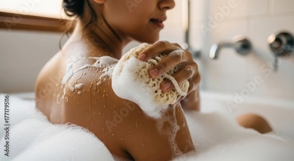 Fototapeta Close-up of a Woman Washing with a Loofah in a Bathtub. Intimate Self-Care Scene in a Bubble Bath. Relaxing Bath Time with Foamy Bubbles and a Loofah.
