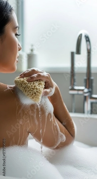 Fototapeta Woman's Arm and Loofah in a Foamy Bathtub. Naturalistic Self-Care Ritual with Soap Suds. Soft Light on a Relaxing Bath Time Scene.