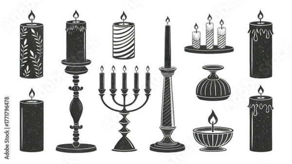 Obraz Collection of vintage candles in candlesticks isolated on transparent background