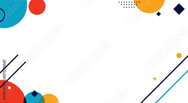 Fototapeta Abstract Geometric Background Border Design with Copy Space. Modern colorful shapes (circles, lines, squares) in Memphis style pattern on white.