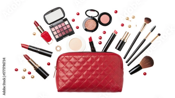 Obraz Makeup bag with cosmetics and brushes isolated on transparent background