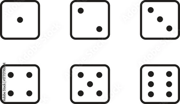 Fototapeta Six Sided Dice Faces Set, Minimal Black and White Icon Collection, Standard Game Cubes 1 to 6