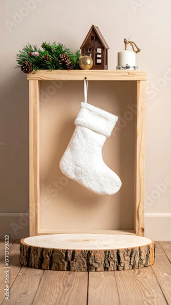 Obraz podium from wood with christmas decoration room product display vertical