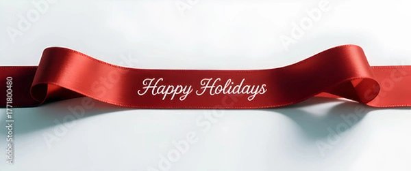 Fototapeta Elegant Red Ribbon with Happy Holidays Message on White Background for Festive Celebrations and Greetings Design