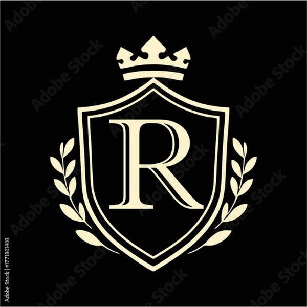 Fototapeta Royal Shield Emblem with Crown and Laurel Wreath in Elegant Minimal Vector Style for Luxury Branding, Heraldic Logo, and Classic Design Concepts