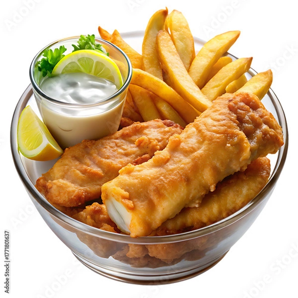 Fototapeta Crispy Beer-Battered Fish and Chips on a plate in a bowl over a white background and Transparent Background