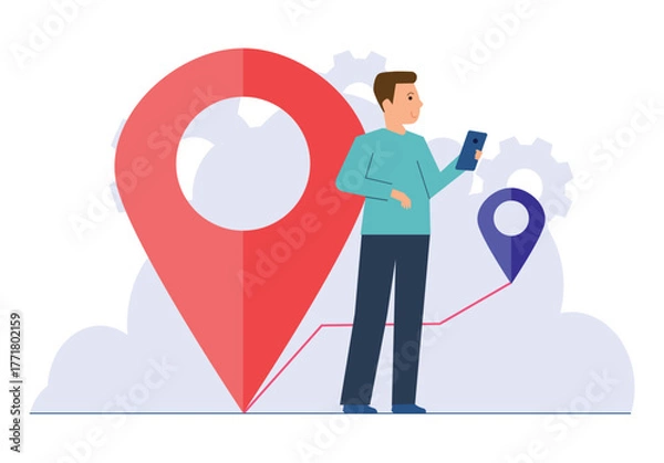 Fototapeta Young male character using his phone to navigate with a map app and location pin, showcasing modern travel and technology. Mobile GPS tracking concept