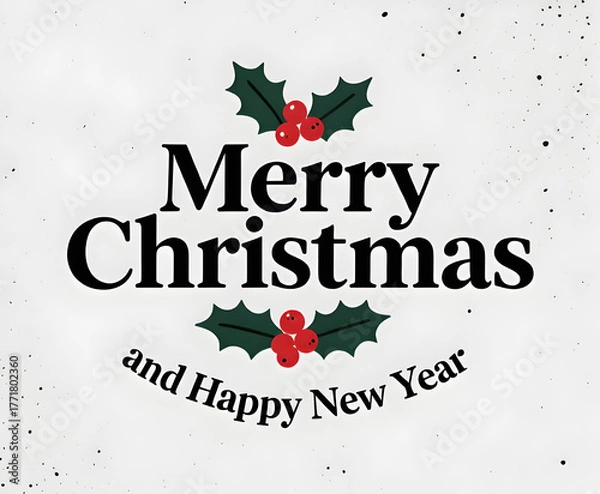 Fototapeta Festive Merry Christmas and Happy New Year greeting with Holly Leaves and Berries isolated on textured white background