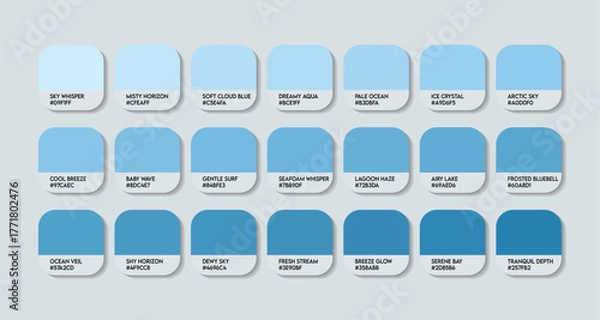 Fototapeta Peo Light Blue Color Guide Palette with Color Names. Catalog Samples Peo Light Blue with RGB HEX codes and Names. Light Blue Colors shades Vector, Original Peo Blues Color Palette, Fashion Trend blues