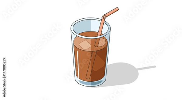 Fototapeta Refreshing chocolate drink in a glass with ice and straw on a white background