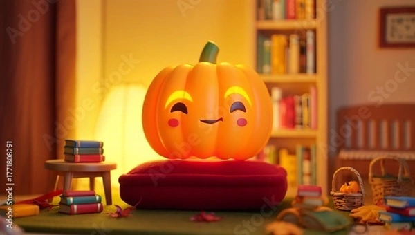 Fototapeta A cheerful, 3D pumpkin with a friendly face sits on a red cushion, surrounded by books and a warm lamp, capturing a cozy, relaxed fall reading atmosphere.