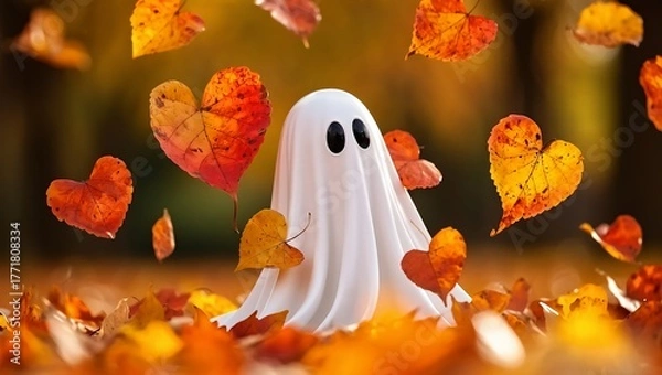 Fototapeta A cute sheet ghost stands in a vibrant autumn scene, surrounded by scattered fall leaves, including floating heart-shaped maple leaves, creating a sweet and cozy fall mood.