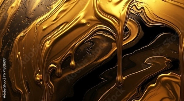 Obraz Abstract background of luxurious liquid gold paint flowing and dripping over a dark textured surface.