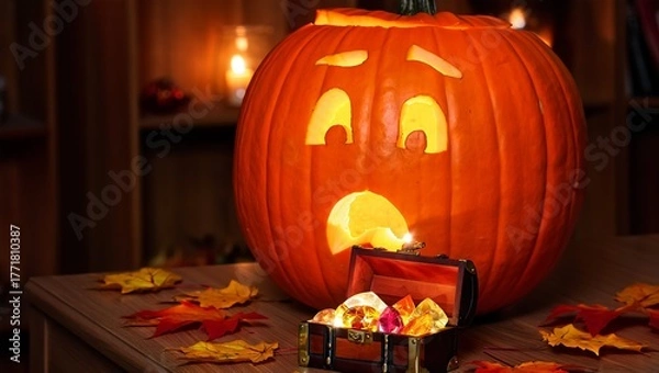 Fototapeta A surprised jack-o'-lantern with glowing eyes sits next to an open treasure chest overflowing with luminous gems, suggesting a whimsical Halloween discovery.