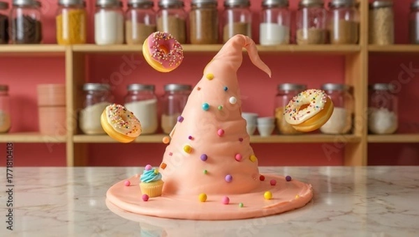 Fototapeta A whimsical witch's hat sculpted from pink fondant sits on a marble counter, surrounded by colorful sprinkles, a tiny cupcake, and floating, sprinkled donuts.