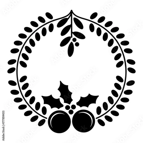 Fototapeta Christmas decoration, round frame with holly leaves, oranges and mistletoe branch icon Silhouette vector style on white background