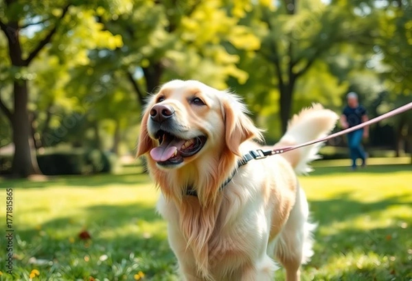 Obraz Happy golden retriever on leash, enjoying a sunny walk in park,  sunny,  animal