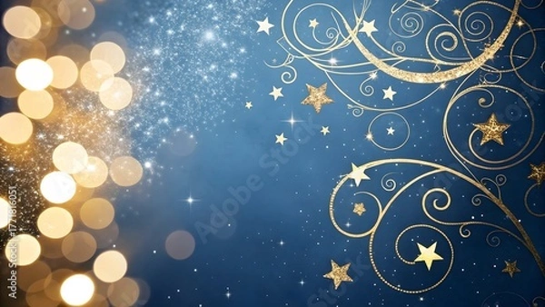 Fototapeta Sparkling golden swirls and stars adorn a deep blue background with soft bokeh lights on the left side