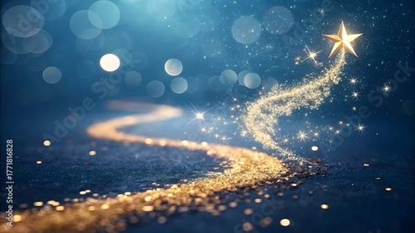 Fototapeta Magical glowing golden star leaving a shimmering trail of light and bokeh against a dark blue mystical background