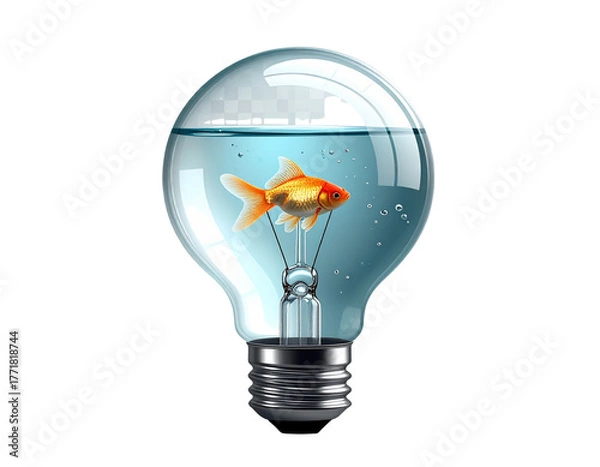Fototapeta Transparent Light Bulb with Water and Swimming Goldfish, Realistic Illustration, Isolated