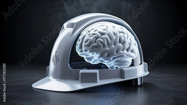 Fototapeta Glowing Brain Inside Construction Helmet Symbolizing Innovation and Safety in Engineering
