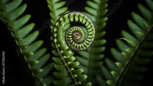 Fototapeta Macro shot of a fern frond unfurling its spiral shape against a dark green backdrop in nature