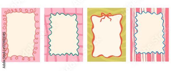 Fototapeta A set of vertical card templates in a cute hand-drawn style,  vintage frames, and striped or checkered patterns. Ideal for invitations and social media stories. Vector  on a white background