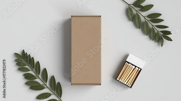 Obraz Minimalist composition featuring a brown rectangular box, open matchbox, and green leafy branches on a neutral gray background