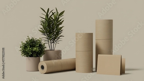 Fototapeta Minimalist composition featuring plants, kraft paper rolls, packaging, and cardboard on a neutral backdrop for eco-friendly design