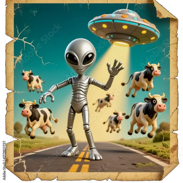Obraz 宇宙人が地球で牛をさらおうとＵＦＯに吸い込む様子を描いたポスター風イラスト