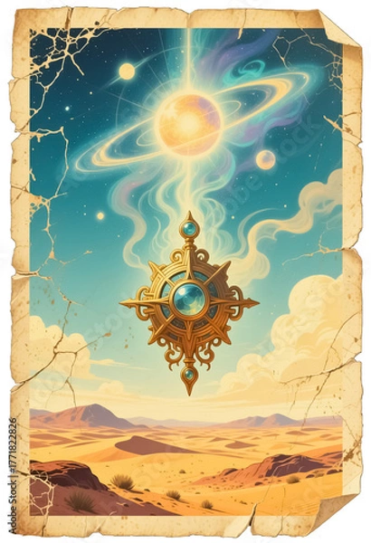 Obraz 空中に浮かぶ古代シンボルの様な未確認飛行物体を描いたヴィンテージ風のポスターイラスト