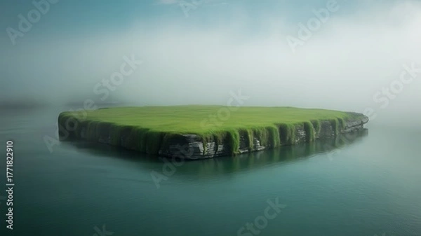 Fototapeta Mystical floating island landscape with lush green grass surrounded by misty waters in a serene and peaceful environment.