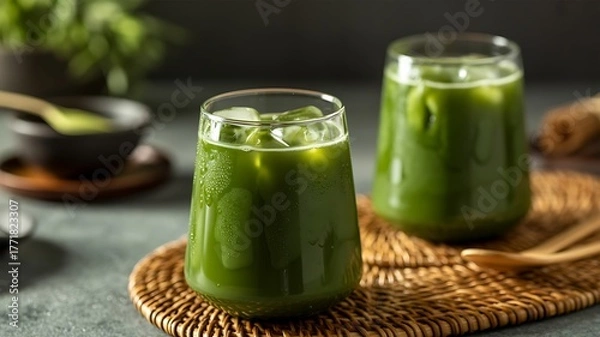 Obraz Refreshing iced matcha latte drink in clear glasses on a woven mat healthy beverage concept