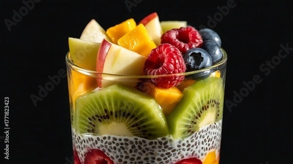 Fototapeta Refreshing layered chia seed pudding parfait with vibrant fruits including mango raspberries blueberries and apple slices on a dark background.