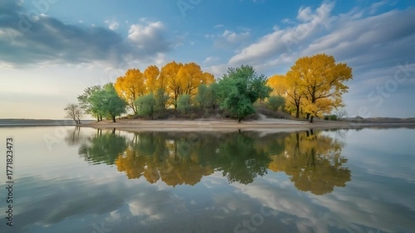 Fototapeta Scenic autumn landscape featuring lush trees in various colors reflected in calm waters under a cloudy sky