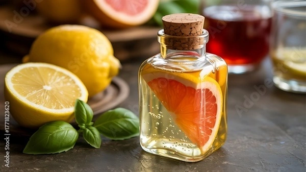 Fototapeta Refreshing citrus infusion with grapefruit and lemon in glass bottle with fresh herbs for summer wellness