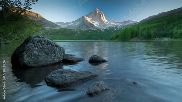 Fototapeta Scenic mountain landscape featuring a serene lake with large rocks in the foreground and majestic peaks beyond.