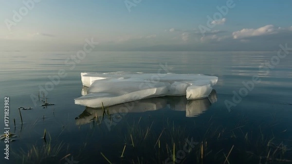 Fototapeta Scenic view of a floating ice chunk reflecting in calm water under a blue and cloudy sky