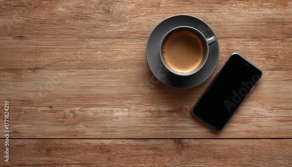 Fototapeta Coffee And Smartphone On Wooden Table: Essential Tools For Business Success. Perfect For A Dose Of Caffeine And Staying Connected.