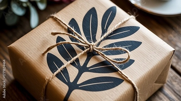 Obraz Stylishly wrapped gift box decorated with a leaf pattern and natural jute twine on a rustic wooden surface