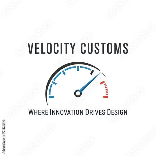Fototapeta Velocity Customs Logo Featuring a Speedometer with Innovation and Design Slogan.