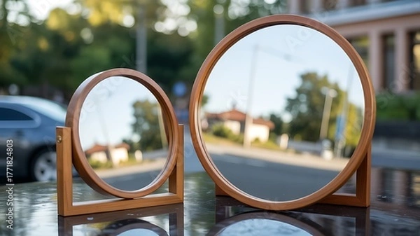 Fototapeta Two wooden round mirrors displayed outdoors reflecting environment and interior design aesthetic