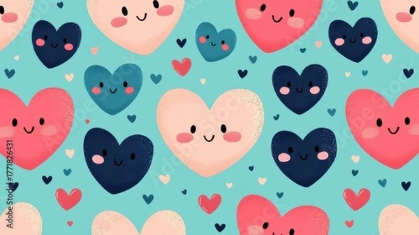 Fototapeta A playful pattern featuring colorful, smiling hearts on a light blue background, creating a cheerful and whimsical atmosphere.
