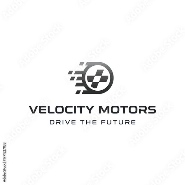 Fototapeta Velocity Motors logo design with speed and checkered flag icon.