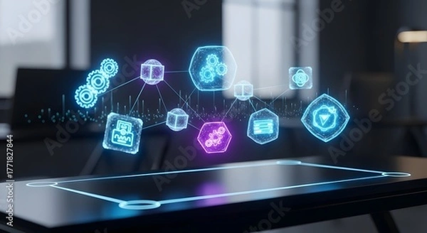 Fototapeta Luminous Holographic Network of Neon Icons Projected from a Futuristic Digital Tablet