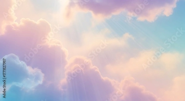 Obraz Sun rays shining through a dreamy, ethereal sky with soft pastel-colored clouds.