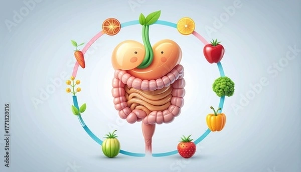 Obraz Sprouting with Health: A Joyful Cartoon Digestive System Fed by a Circle of Fresh Produce