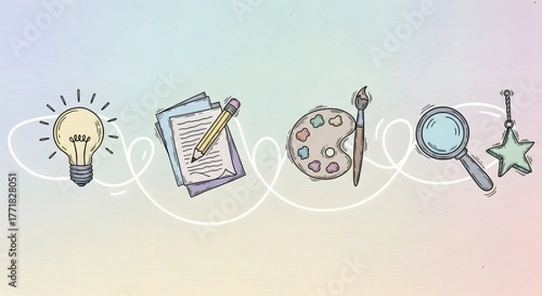 Fototapeta The Winding Path of Creativity: Illustrated Icons from Idea to Success.
